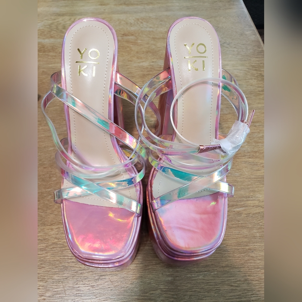 YOKI pink iridescent strappy platform block heels Size 6.0 New without box - Picture 11 of 11